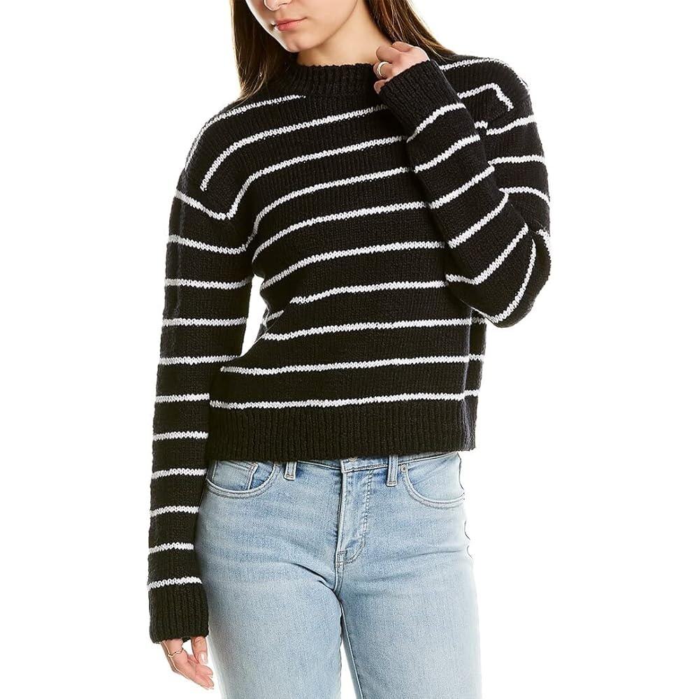 Vince Textured Stripe Crew Neck Black White Chunky Knit‎ Small Cotton Preppy